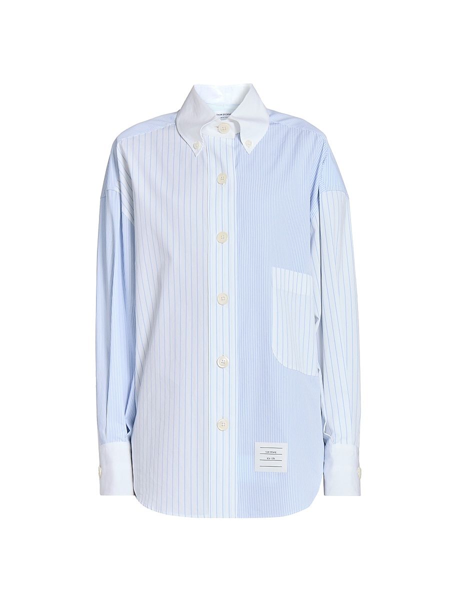 Women's Striped Cotton Poplin Supersized Button-Down Shirt - Light Blue - Size 10