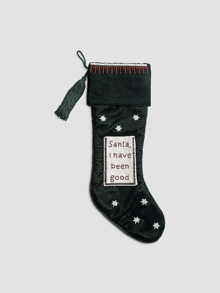Santa, I Have Been Good Beaded Velvet Stocking - Green