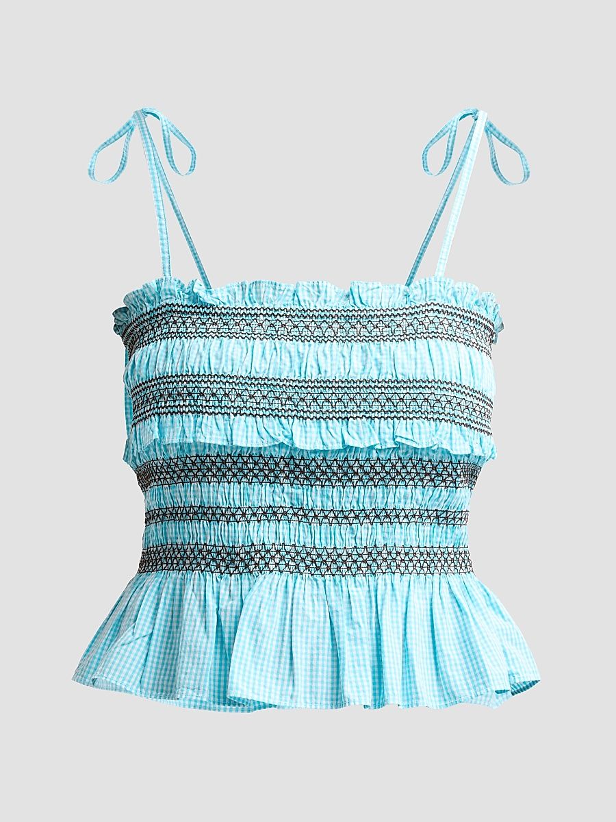 Women's Check Cotton Smocked Tie-Strap Top - Blue Curacao - Size 14