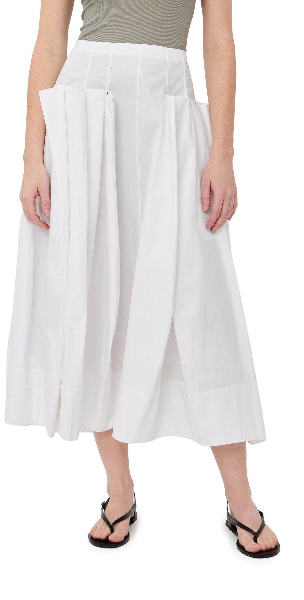 Tibi Compact Poplin Pinched Pleat Full Skirt White 10