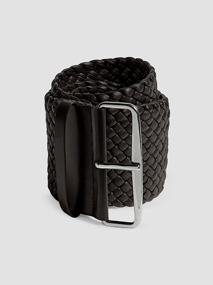 Women's Intrecciato Nappa Leather Belt - Black Silver - Size Large