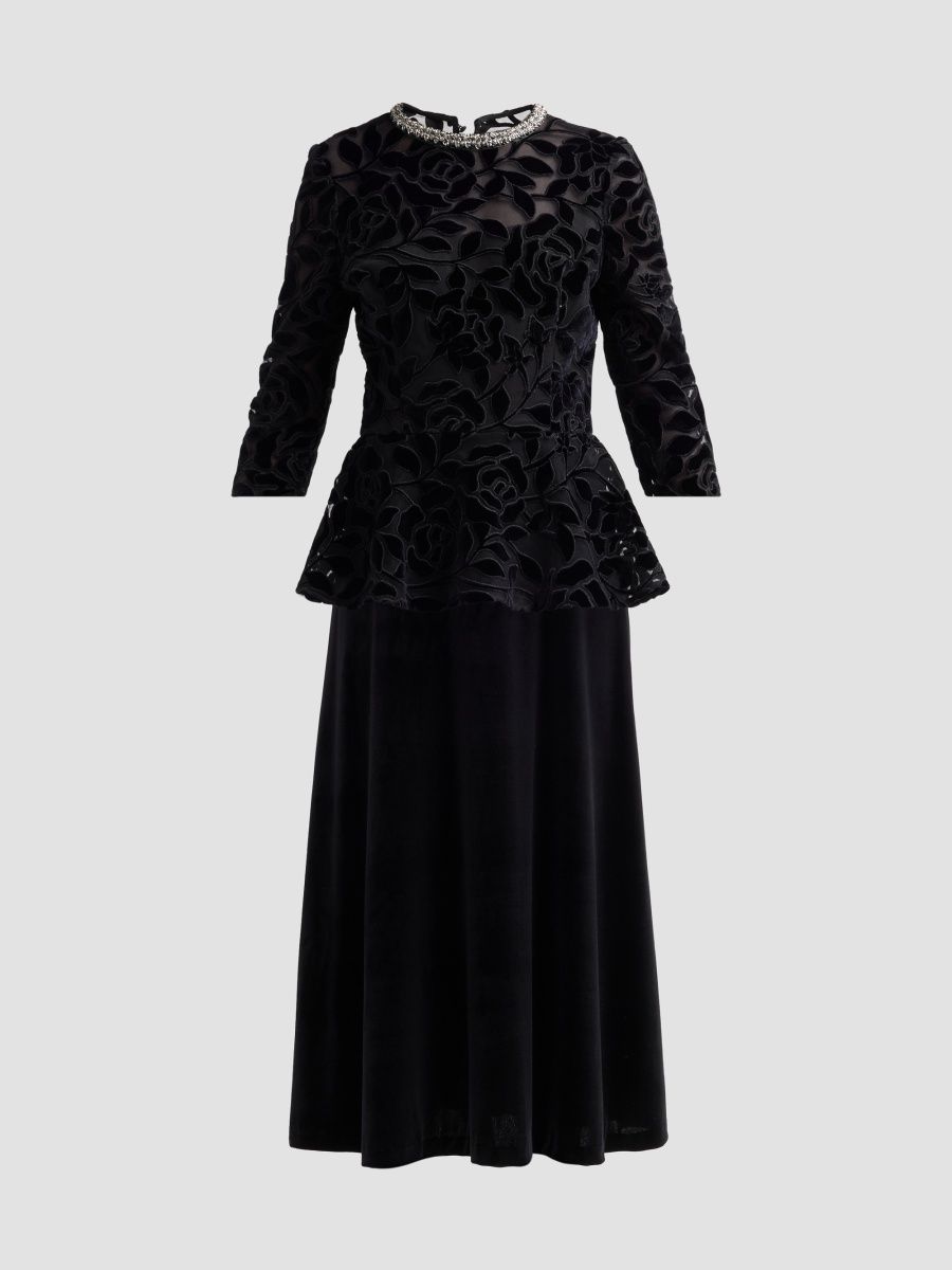 Teri Jon by Rickie Freeman Women's Velvet Leaf Peplum Cocktail Dress - Black - Size 0