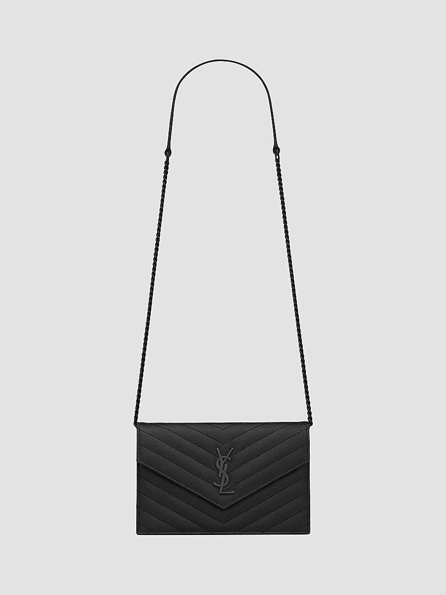 Saint Laurent Women's Cassandre Envelope Chain Wallet in Grain de Poudre Leather - Noir