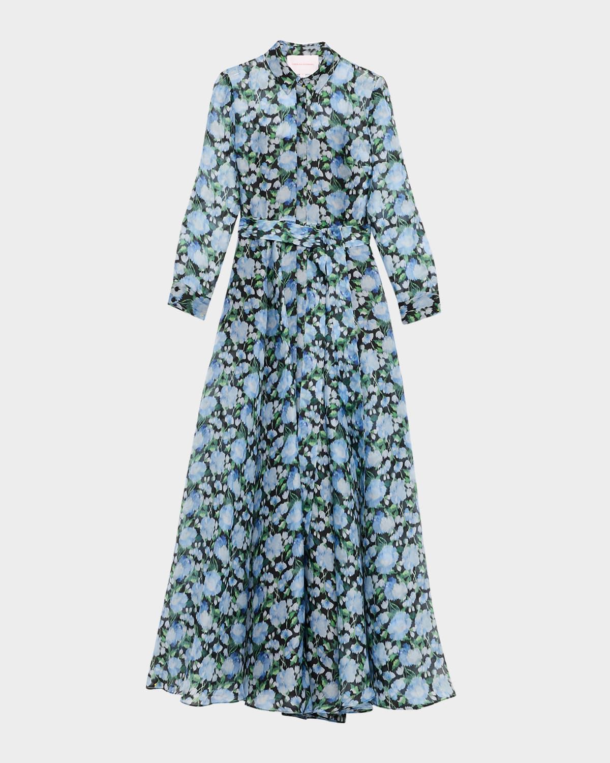 Floral Silk Long-Sleeve Trench Gown