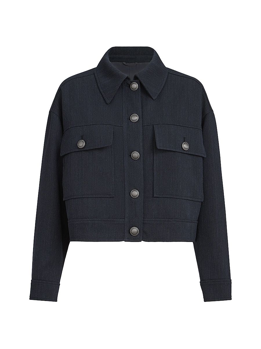 Women's Virgin Wool Crêpe Chevron Cropped Outerwear Jacket with Monili - Navy Blue - Size 00