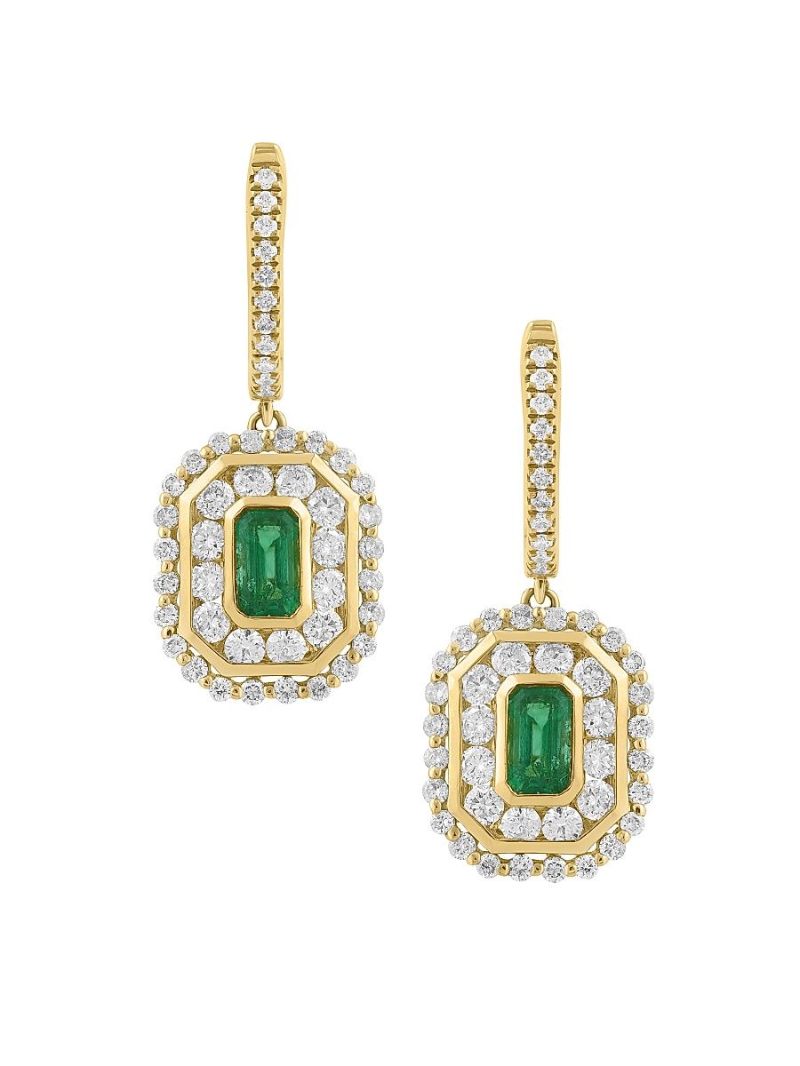 Women's 14K Yellow Gold, 1.05 TCW Diamond & Emerald Octagonal Drop Earrings - Yellow Gold