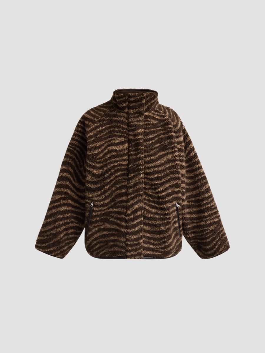 rag & bone Women's Sun Zebra-Print Sherpa Funnel Neck Jacket - Brown Zebra - Size Small