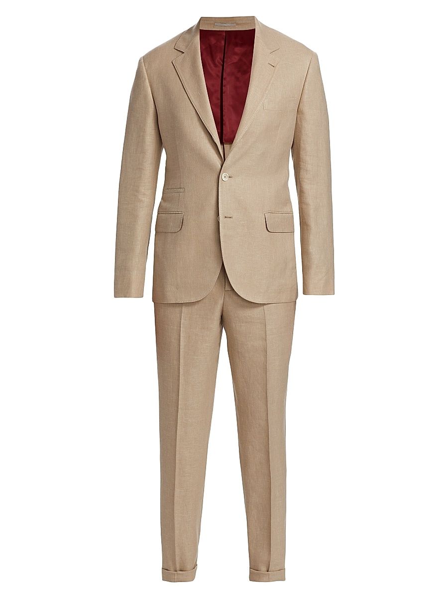 Men's Linen & Silk Two-Piece Suit - Tan - Size 36