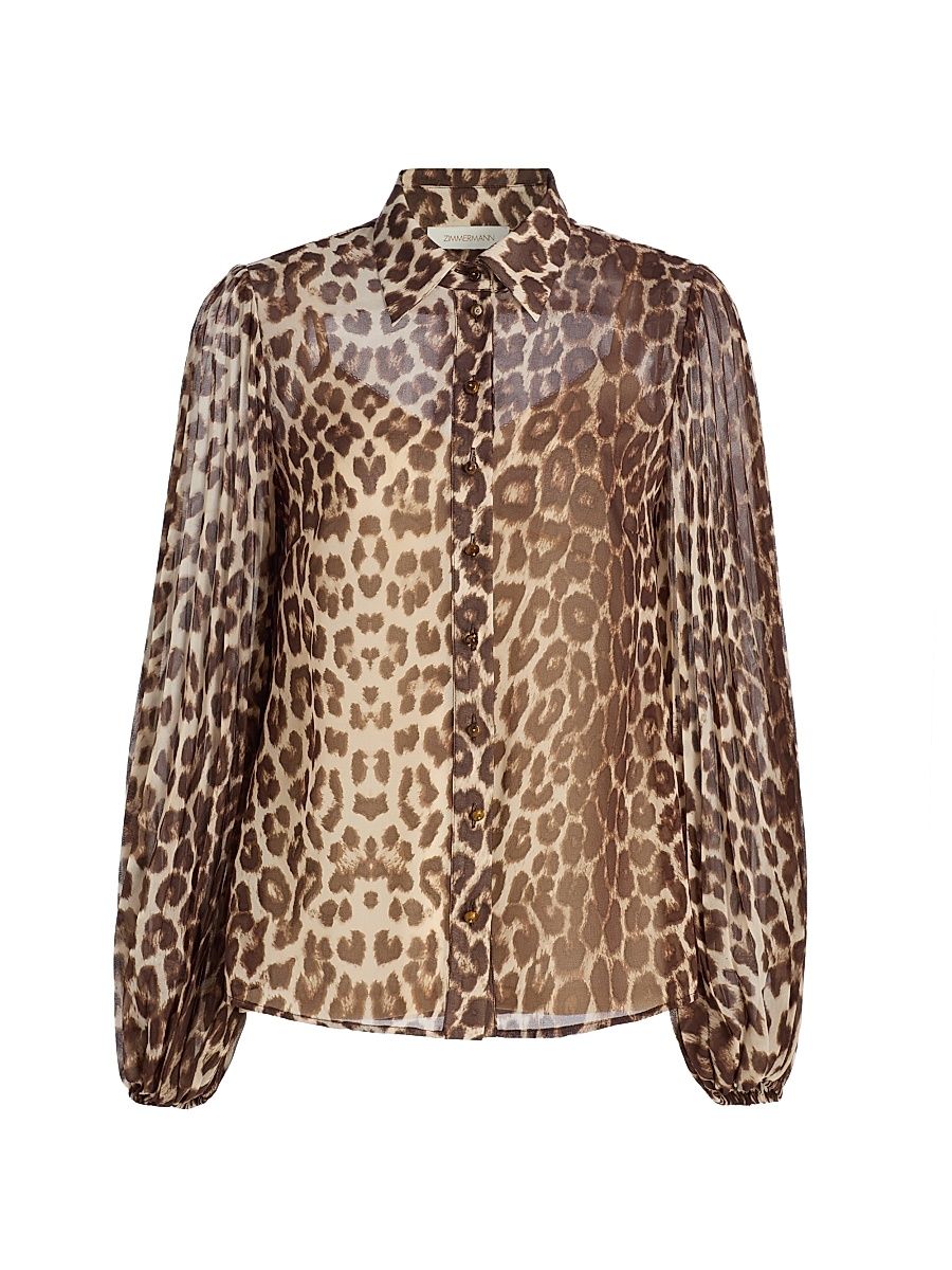 Women's Leopard Chiffon Sunray Pleated Button-Front Shirt - Leopard - Size 8