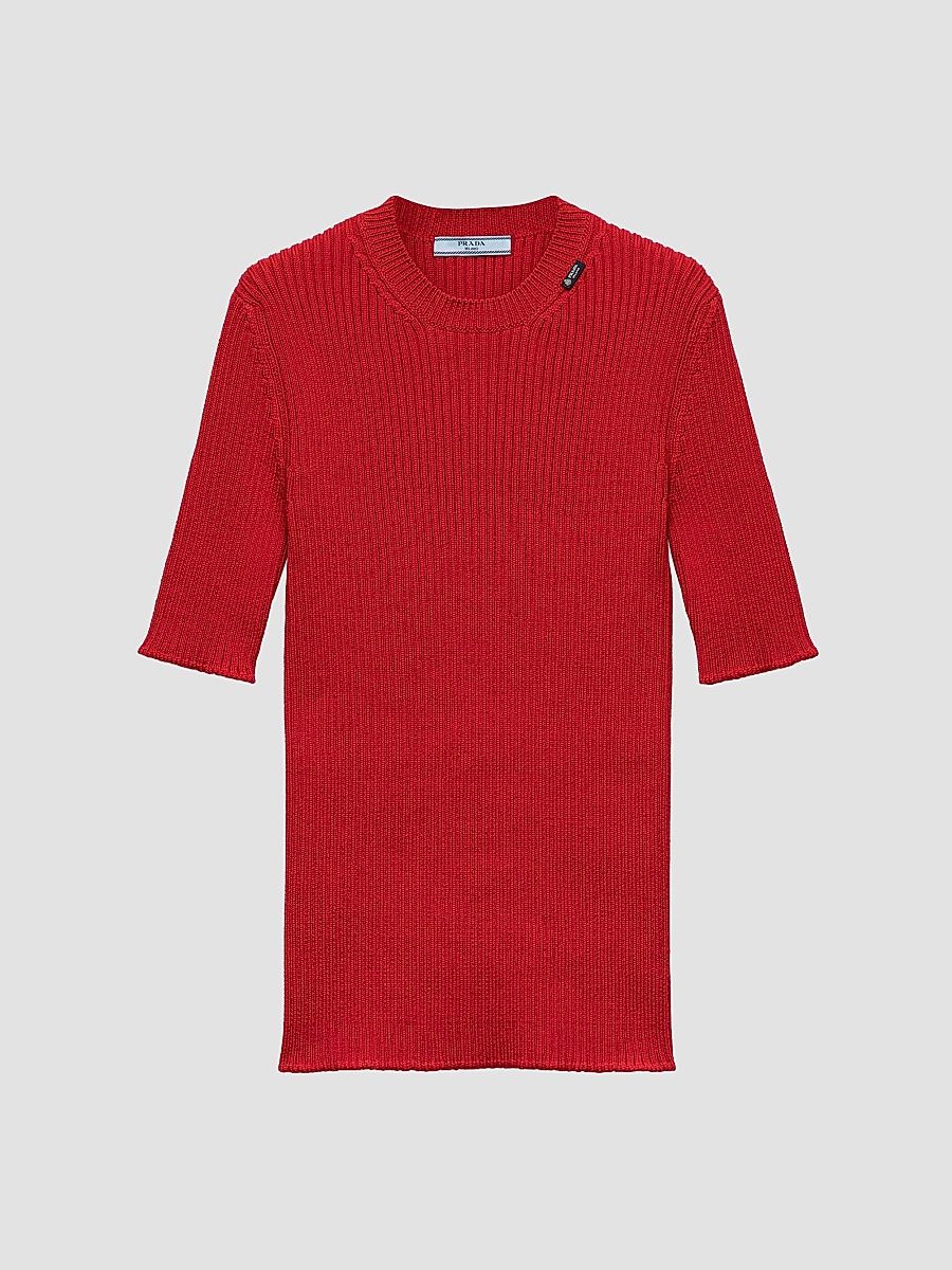 Women's Short-Sleeved Ribbed Knit Wool Sweater - Red - Size 10