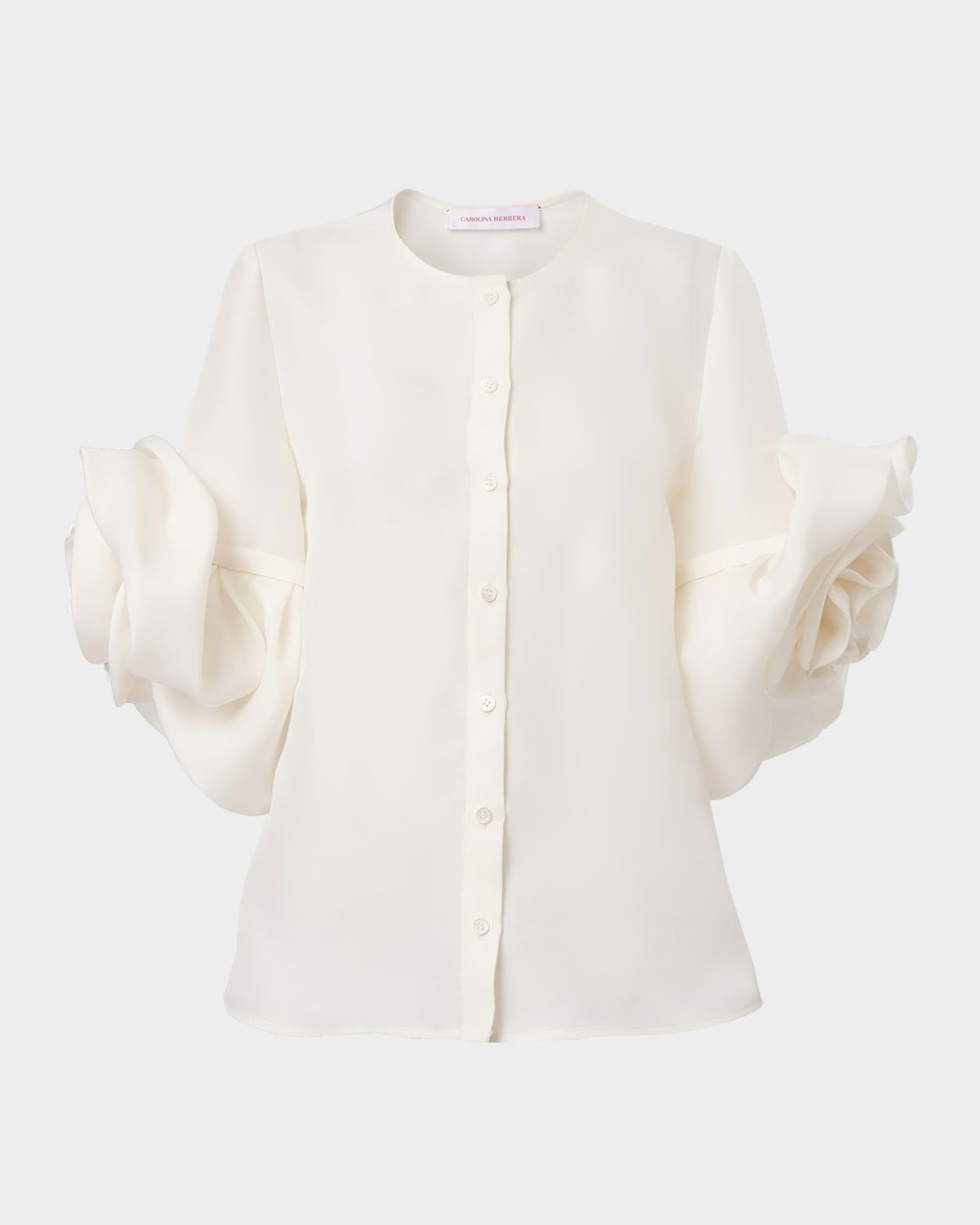Rosette Silk Gazar Button-Front Blouse