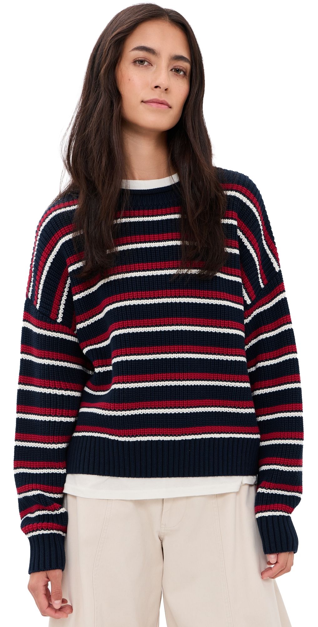 Denimist Oversized Rolled Neck Striped Sweater Navy Red Cream Stripe L