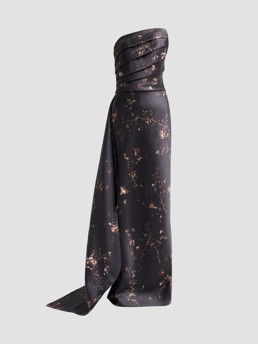 Rene Ruiz Collection Women's Floral Mikado Strapless Column Gown - Black Multi - Size 2