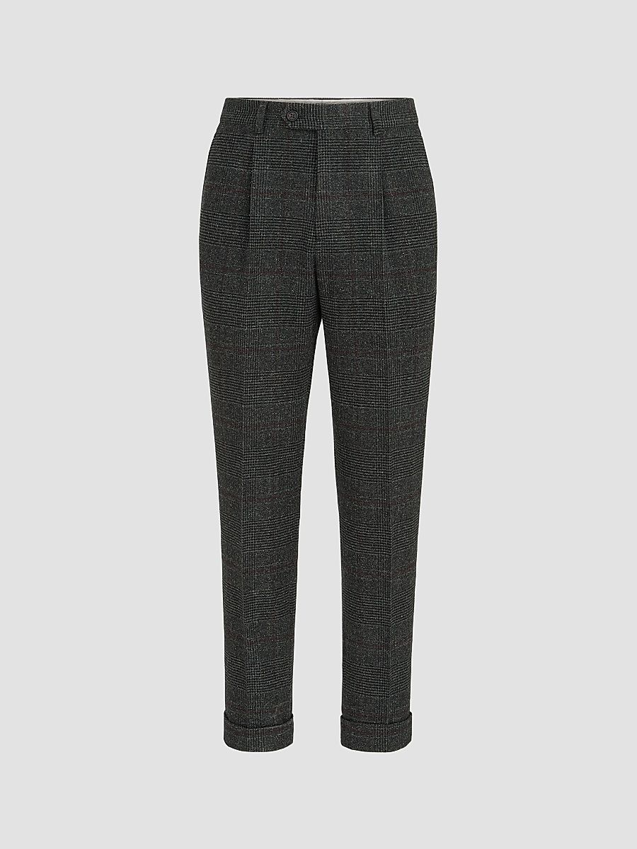 Men's Silk, Wool and Cashmere Prince of Wales Flannel Trousers - Anthracite - Size 46