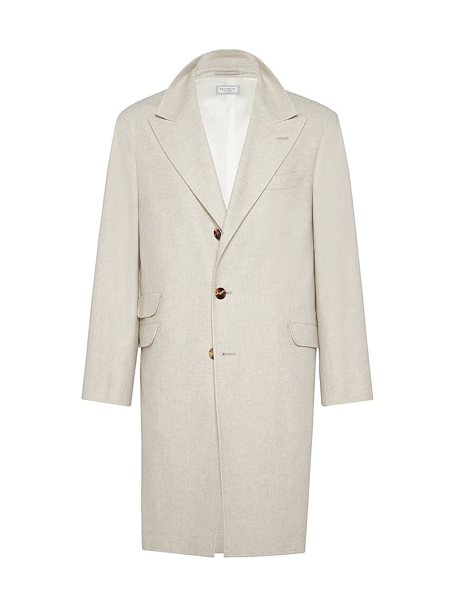 Men's Mélange Cashmere Flannel Coat with Peak Lapels - Sand - Size 34