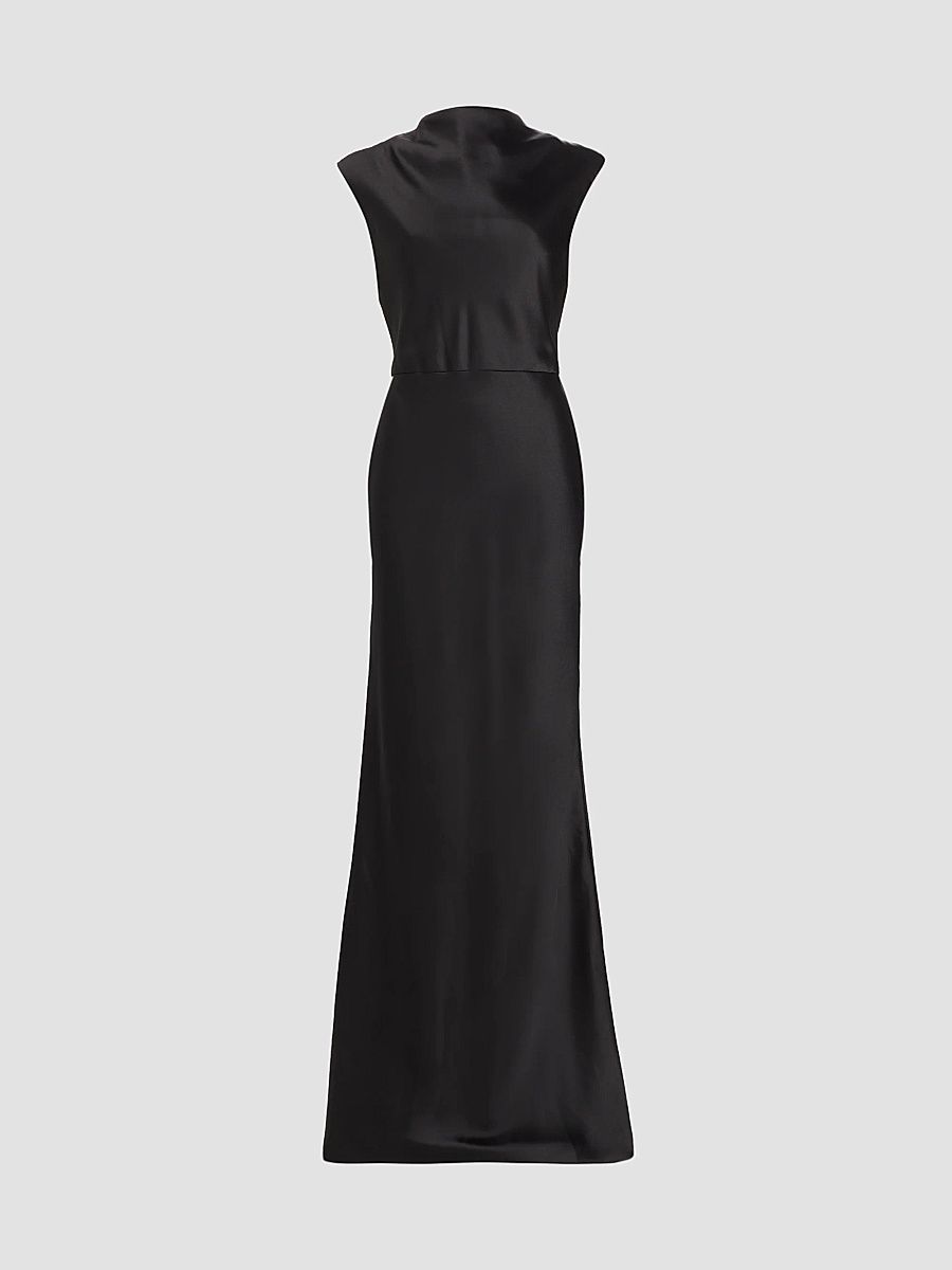 Amsale Women's Satin High Cowlneck A-Line Gown - Black - Size 18