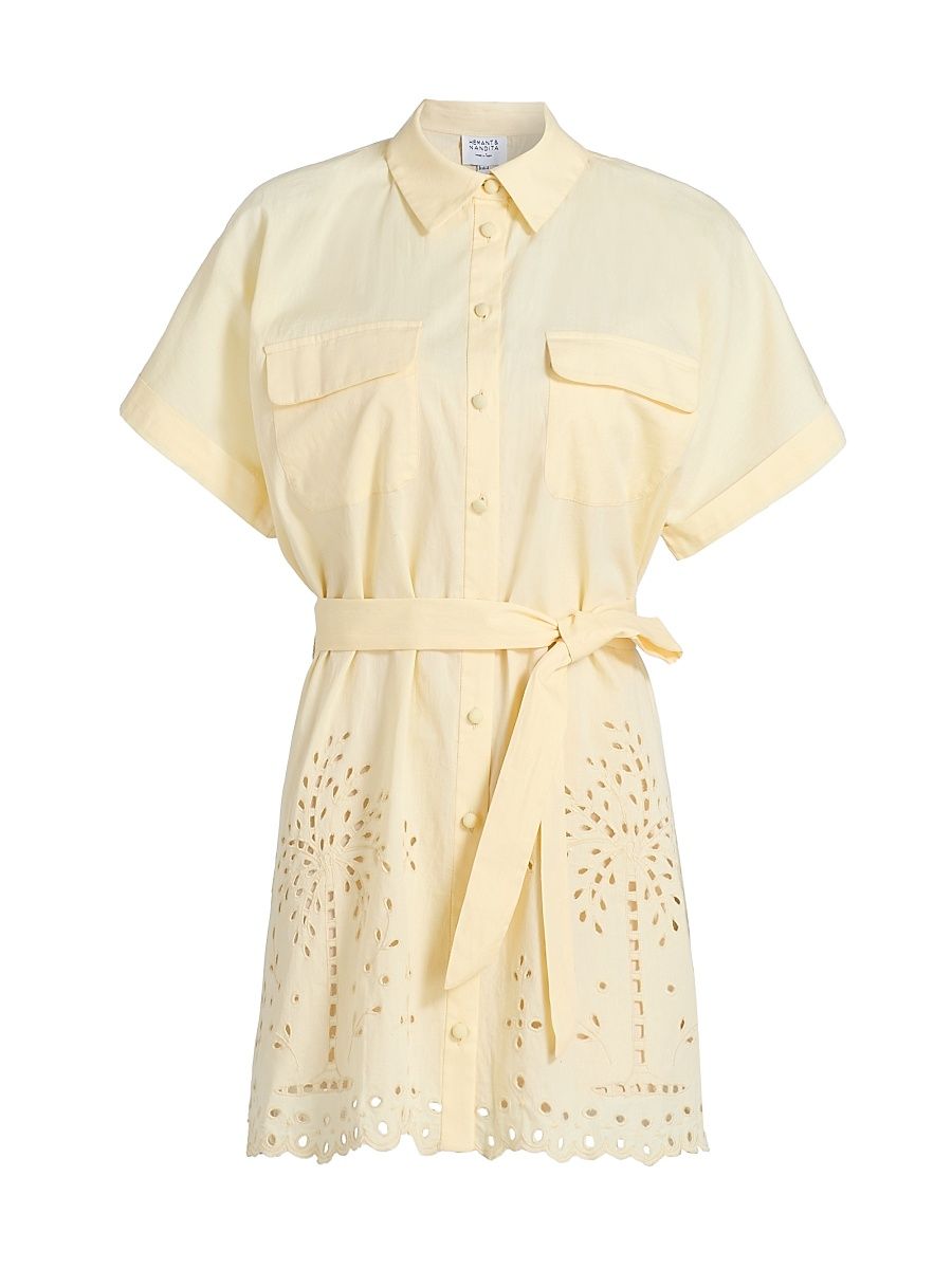 Women's Bagh Belted Schiffli Cotton Mini Shirtdress - Yellow - Size XL