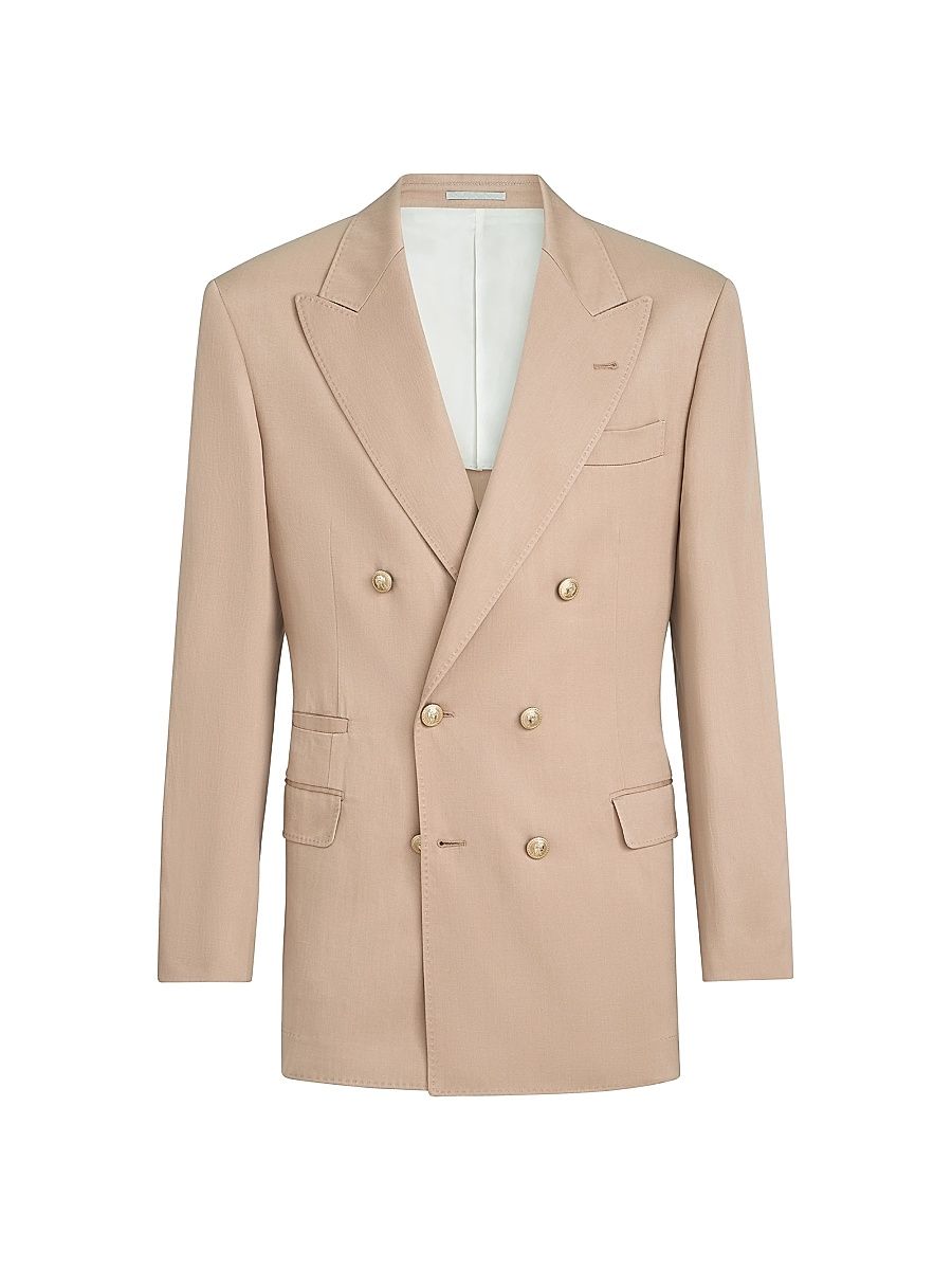 Men's Délavé Silk and Linen Gabardine One and a Half Breasted Tailor Blazer with Metal Buttons - Tobacco - Size 44