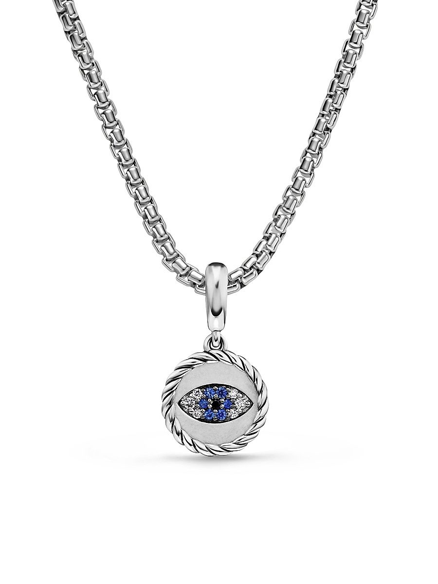 Women's Evil Eye Amulet in Sterling Silver with Light Blue Sapphires, Black Diamonds and Diamonds, 12.6MM - Light Blue Sapphire