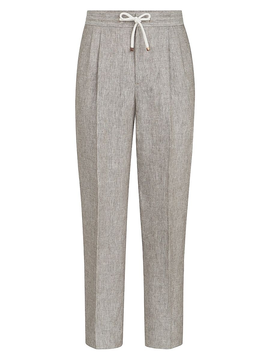 Men's Linen and Hemp Diagonal Trousers with Drawstring and Double Pleats - Light Grey - Size 46