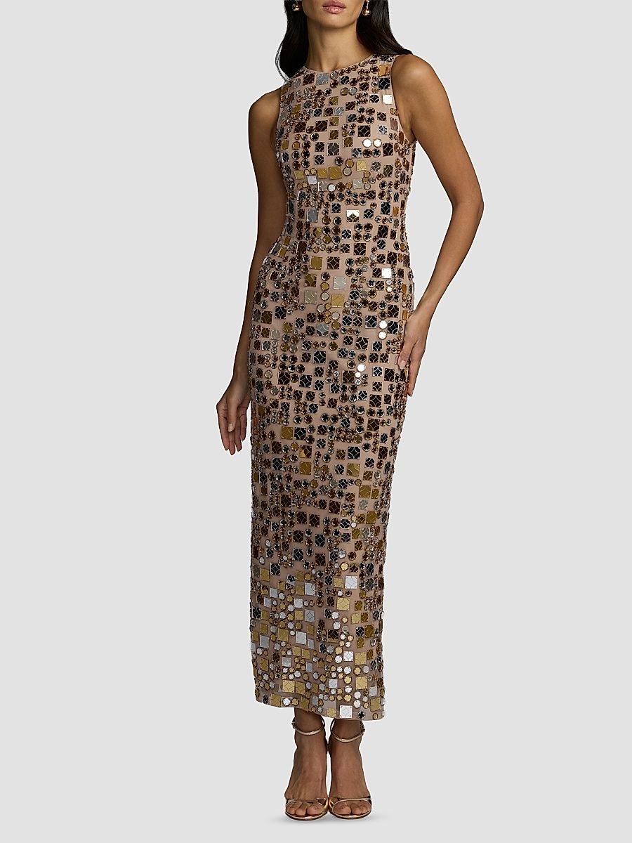 Women's Embellished Mesh Sleeveless Maxi Dress - Beige - Size 14