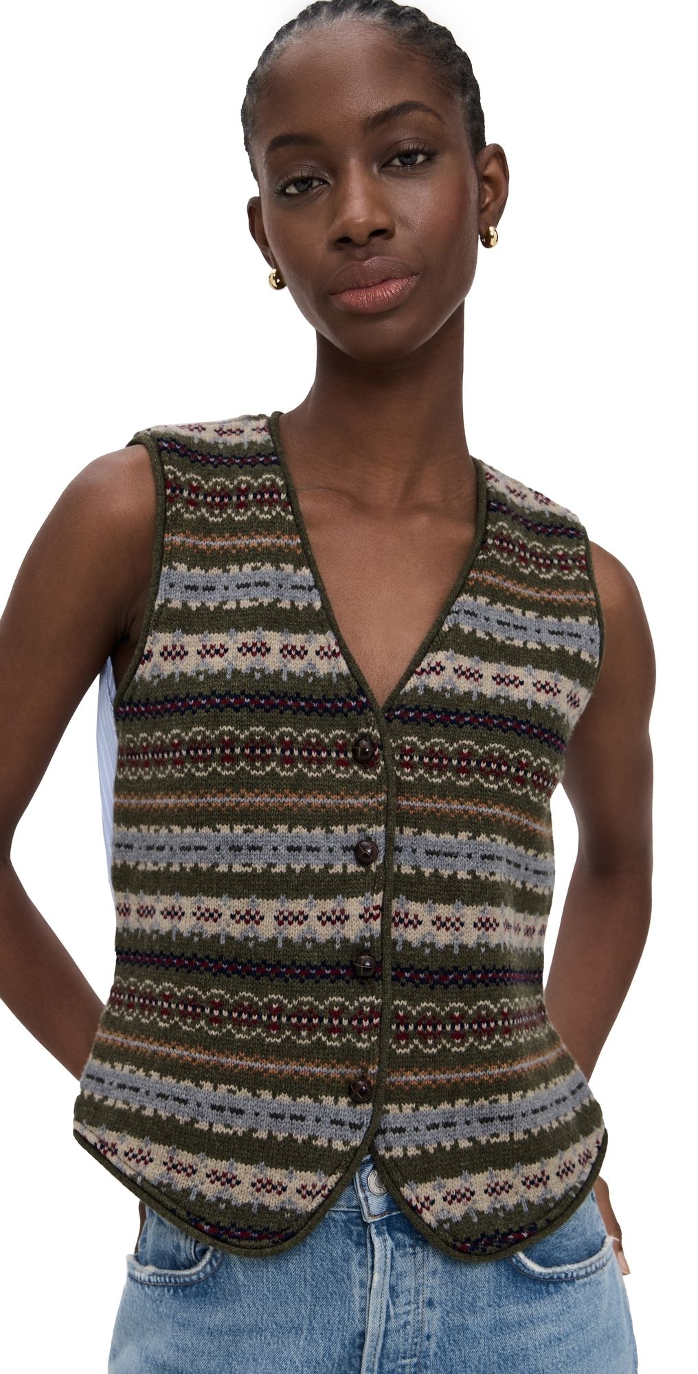 Sea Ciara Fair Isle Knit Combo Vest Olive M