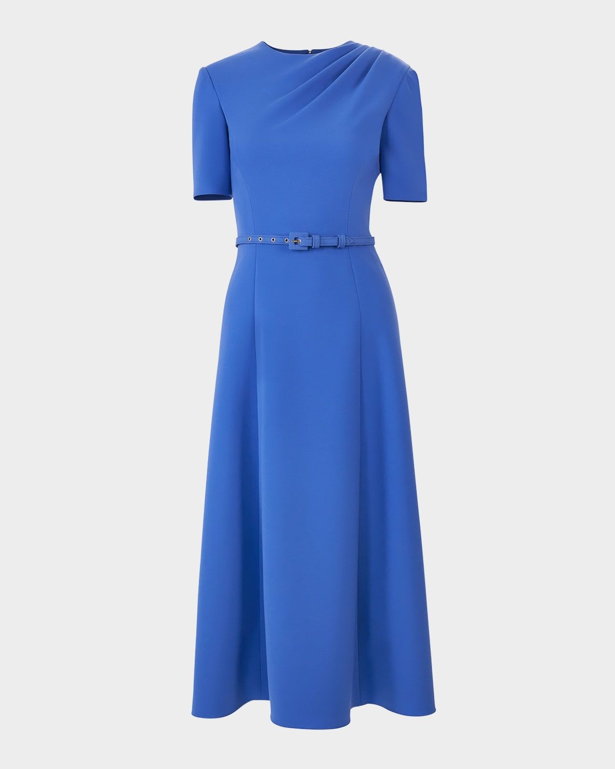 Short-Sleeve Draped Midi Dress With Belt