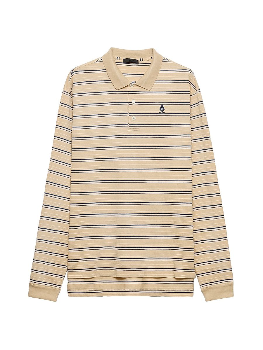 Men's Striped Cotton Piqué Polo Shirt - Beige Khaki - Size Small