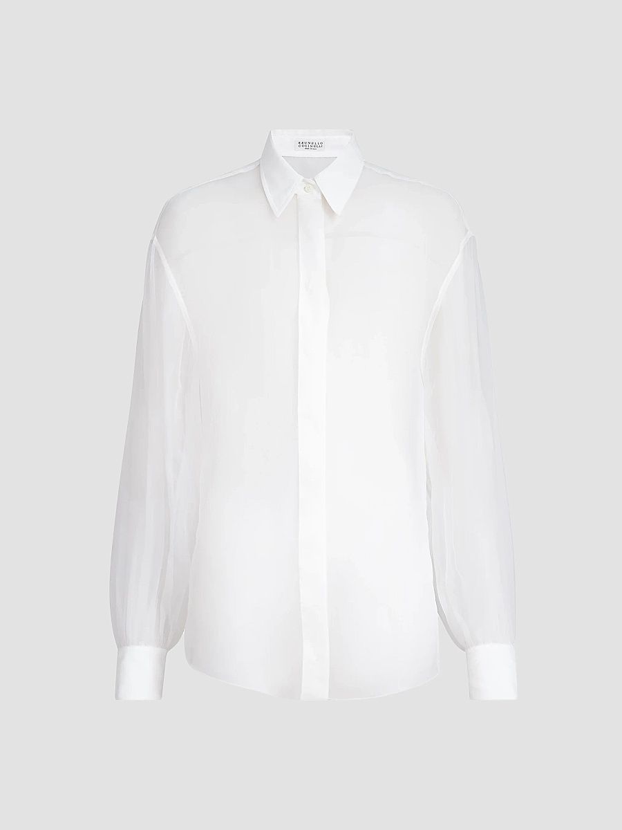 Women's Crispy Silk Shirt with Monili - White - Size XXL