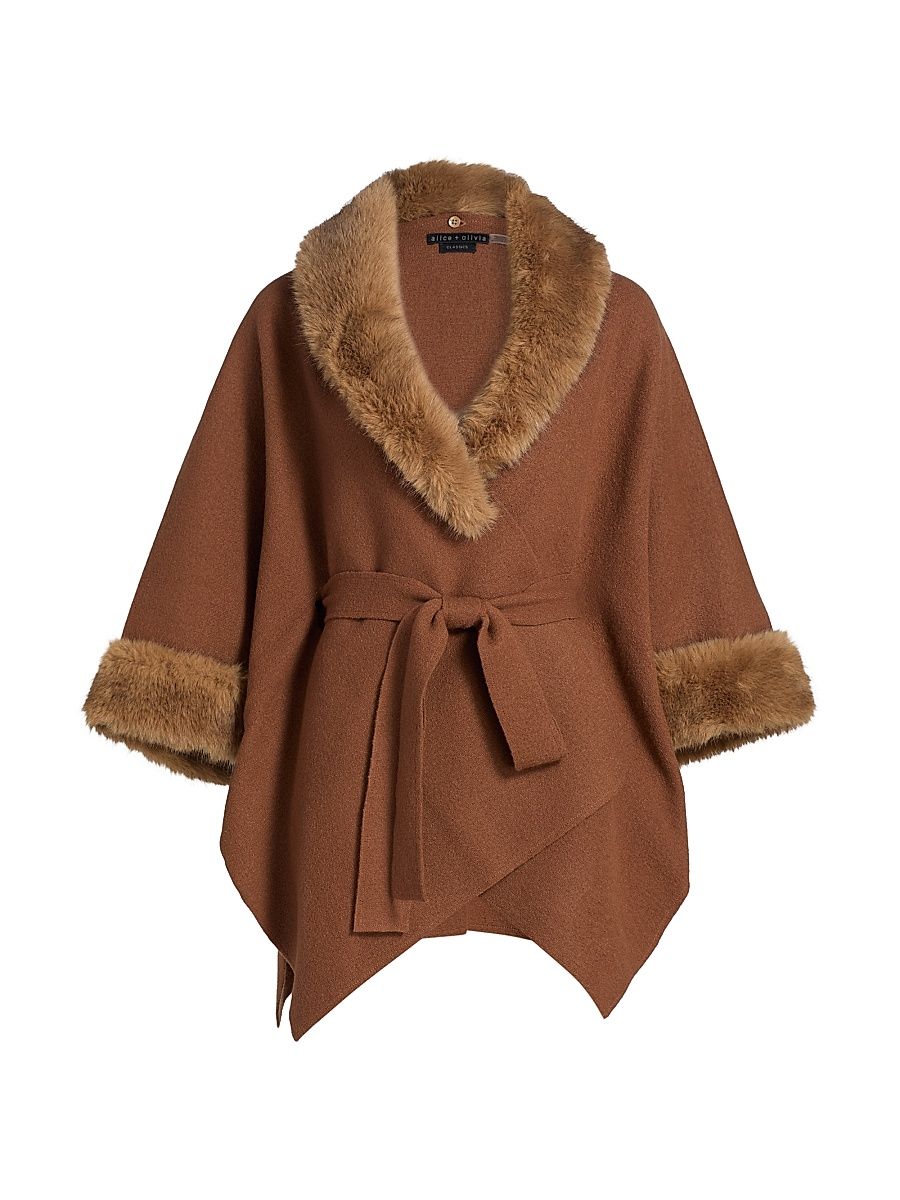 Women's Joanne Faux-Fur Trim Wool Sweater Coat - Camel - Size Medium
