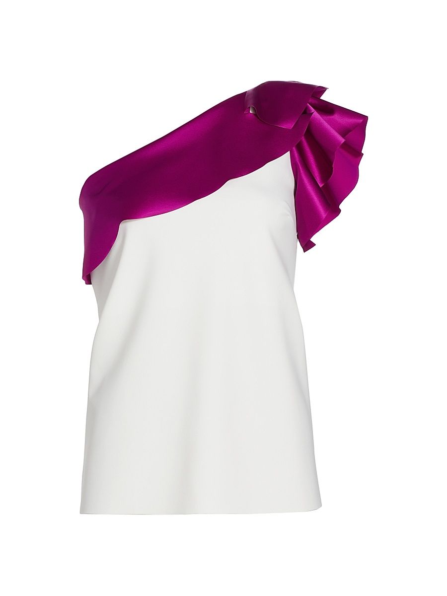 Women's Kikina One-Shoulder Top - White Cyclamen Satin Ruffle - Size 2