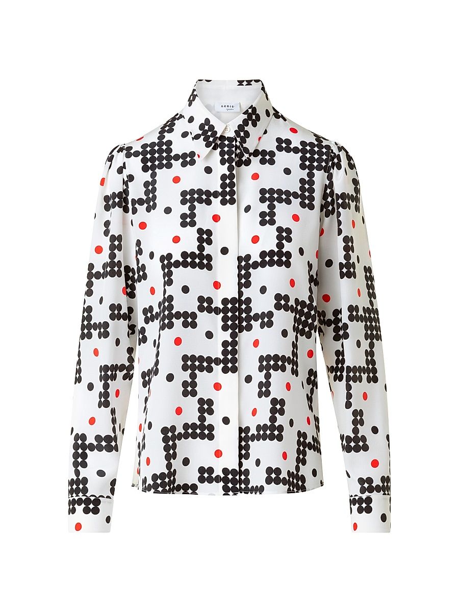Women's Dot Grid Crêpe de Chine Shirt - Cream Black Vermillion - Size 16