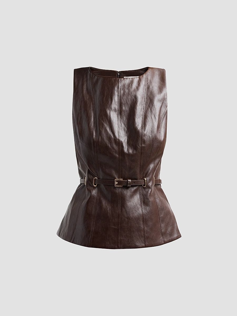 Women's Gwen Faux Leather Top - Dark Brown - Size XS