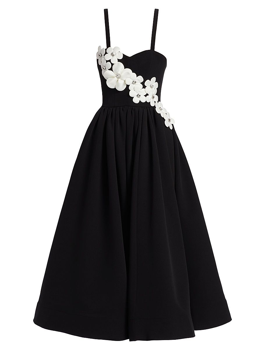 Women's Inara Floral Applique Midi-Dress - Black White - Size Large