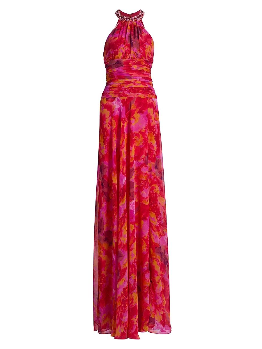 Women's Floral Halterneck Gown - Red Multi - Size 16