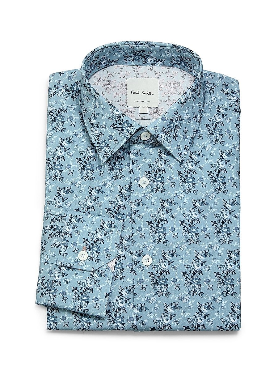 Men's Tailored-Fit Floral Cotton Shirt - Petrol Blue - Size 17.5