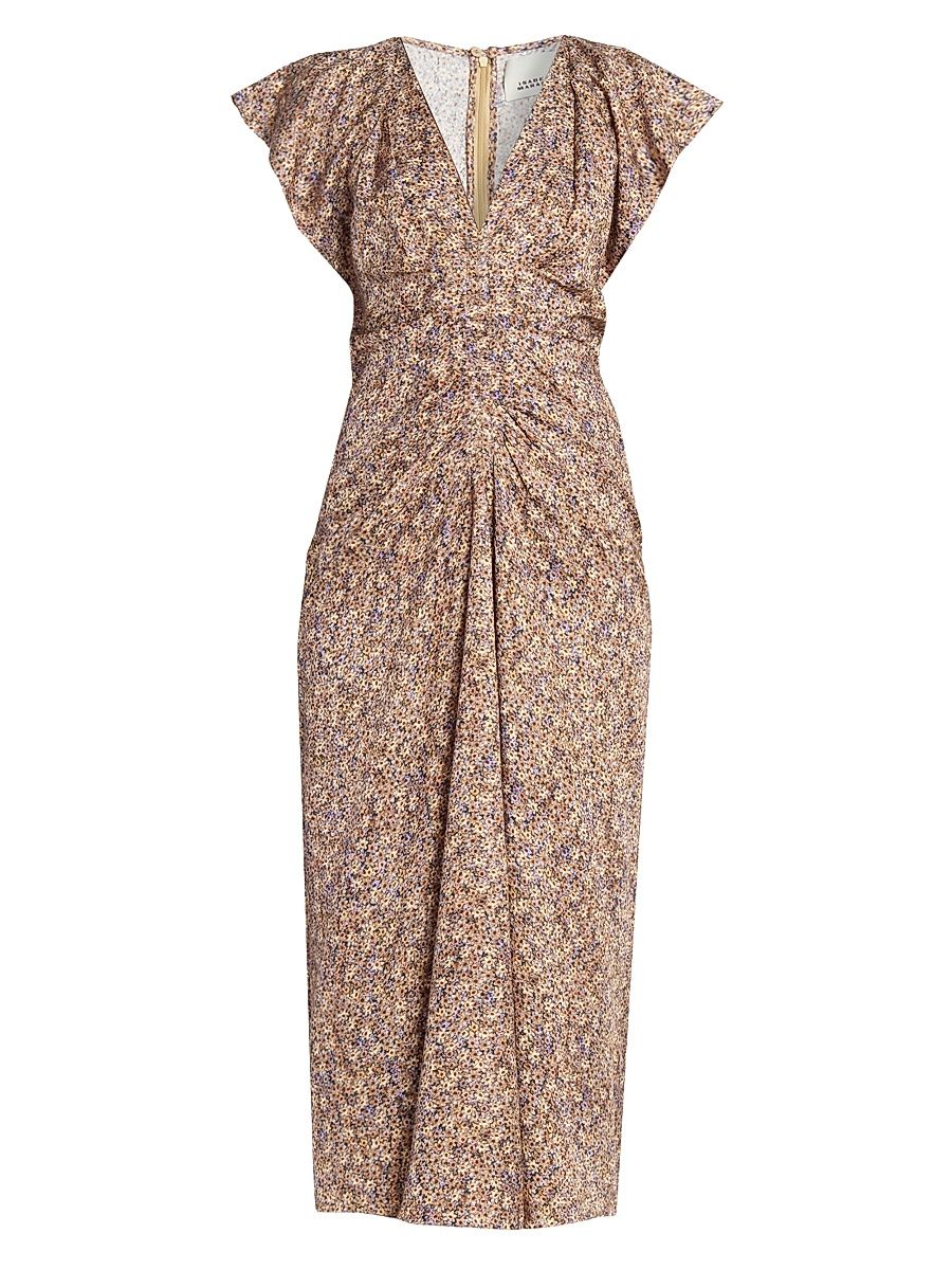 Women's Lyndsay Floral Ruched Silk-Blend Midi-Dress - Ochre - Size 2