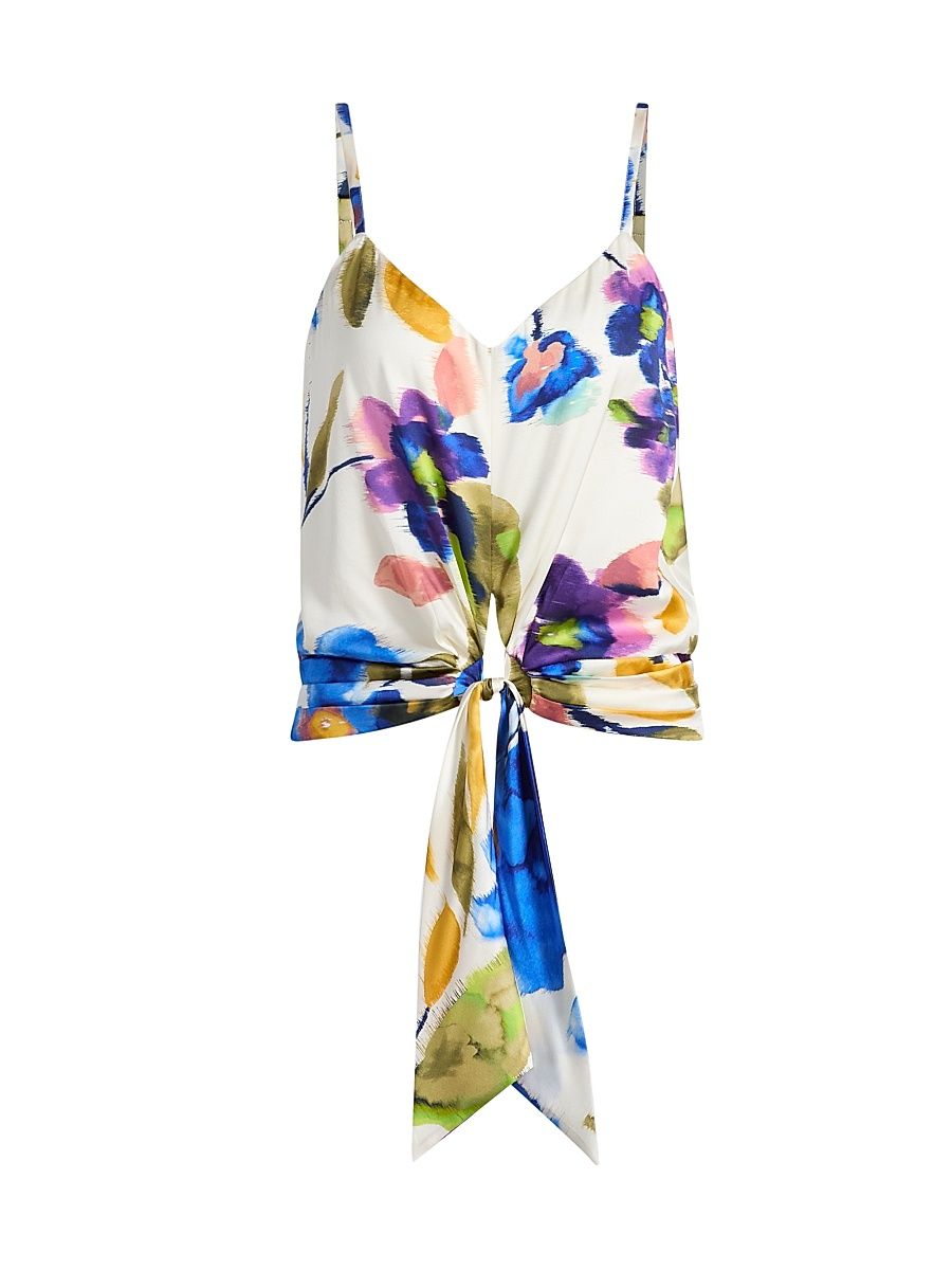 Women's Dellia Floral Front-Tie Top - Ivory Floral Silk - Size XL