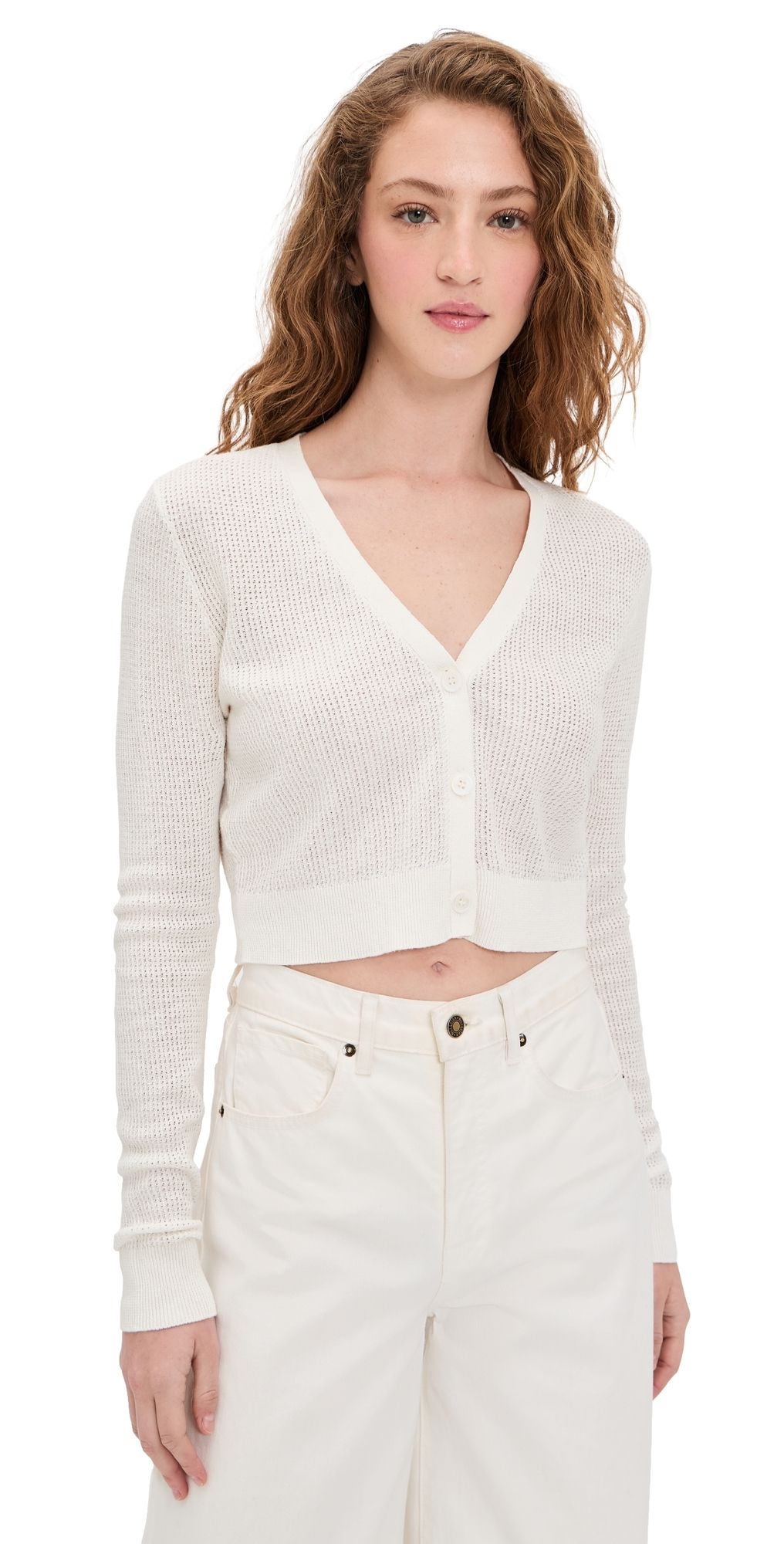 Enza Costa Linen Open Knit Cropped V Neck Cardigan Off White M