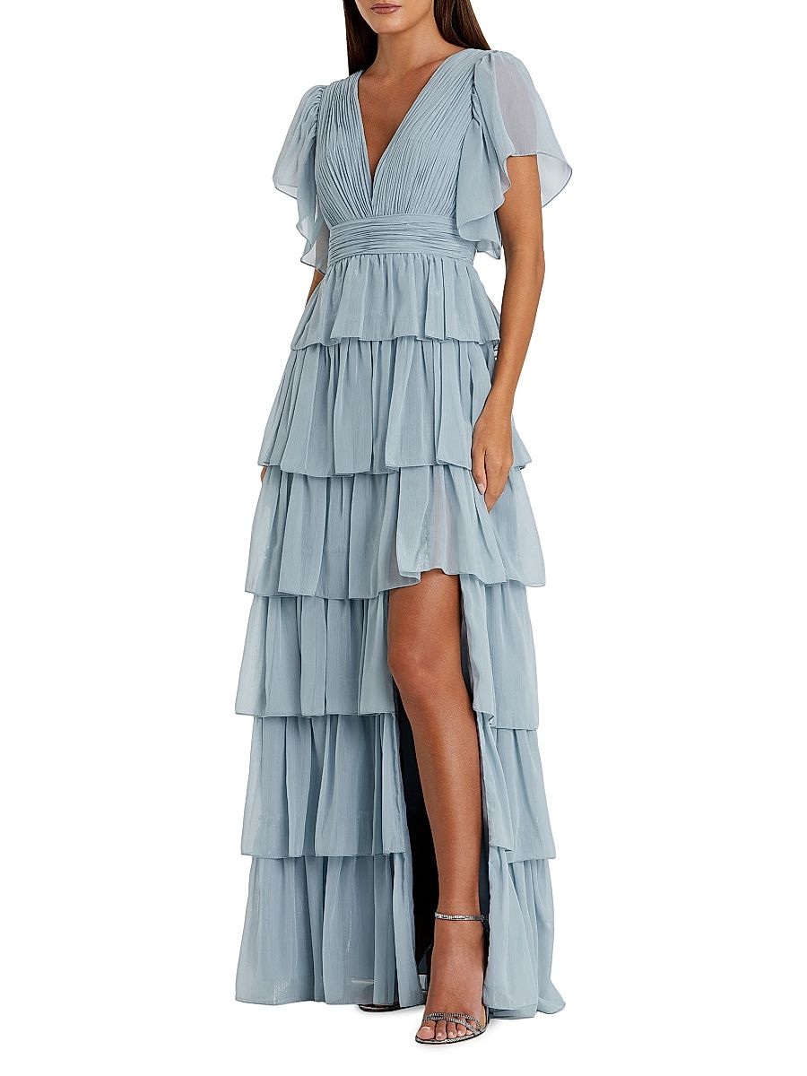 Women's Flutter-Sleeve Tiered Gown - Slate Blue - Size 18