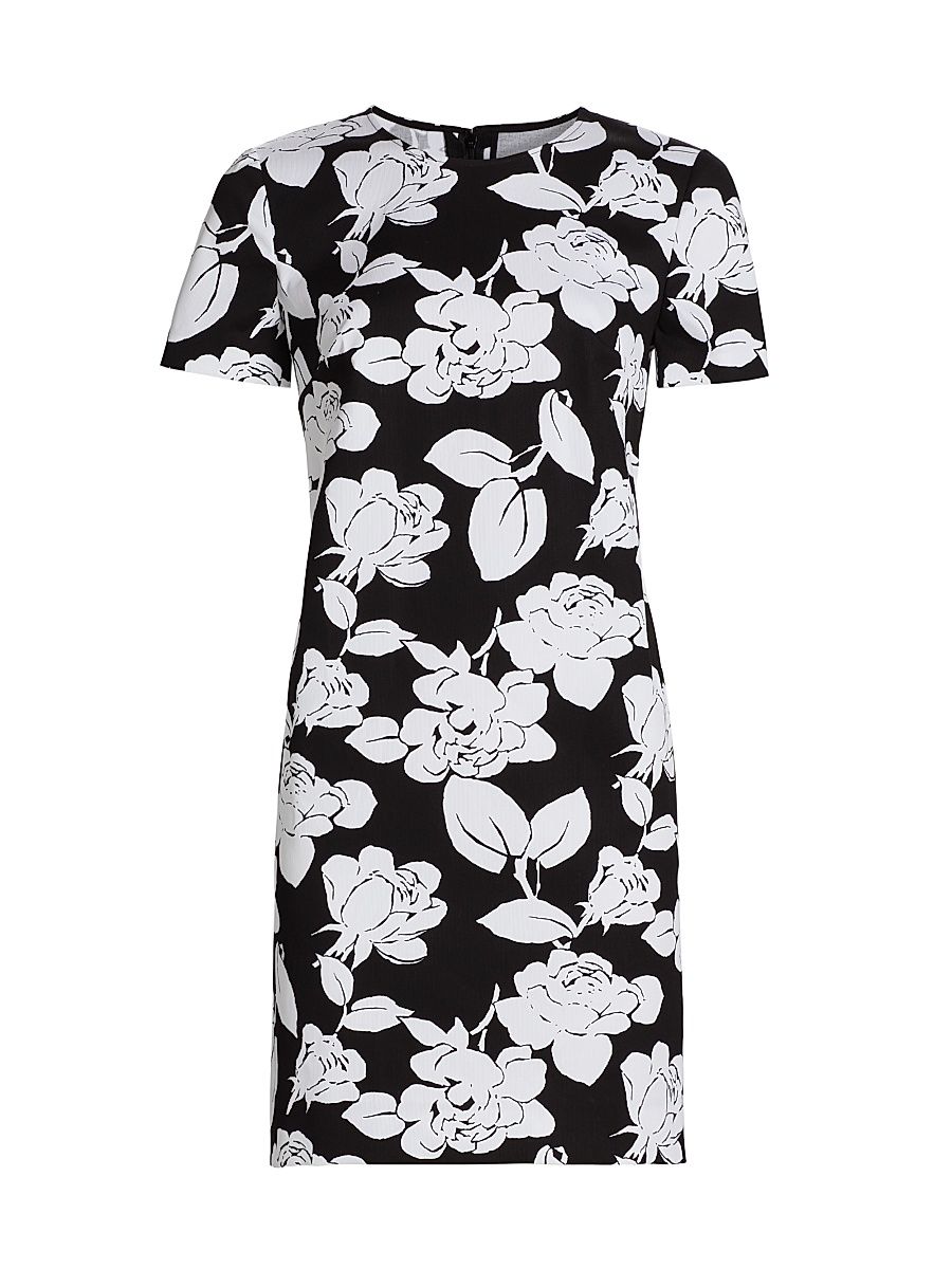 Women's Floral Stretch Cotton Shift Minidress - Black White - Size 12