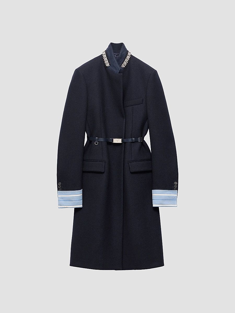 Women's Single-Breasted Embroidered Double Wool Coat - Blue - Size 0