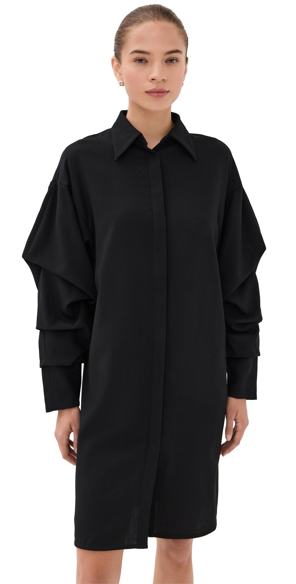 Bite Studios Pleated Sleeve Wool Crepe Shirt Dress Black 38