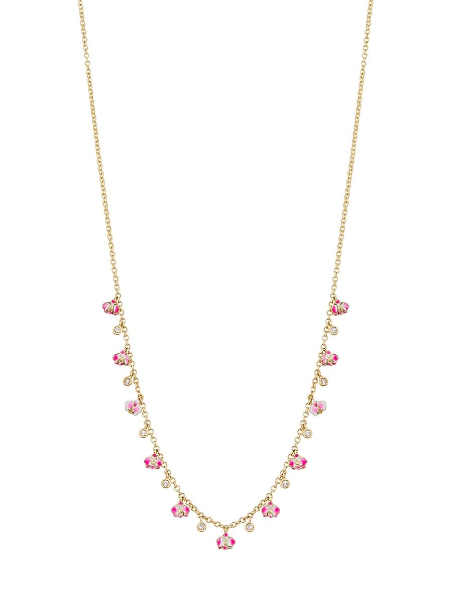Women's Kidea 18K Yellow Gold, 0.15 TCW Diamond & Enamel Orchid Necklace - Pink