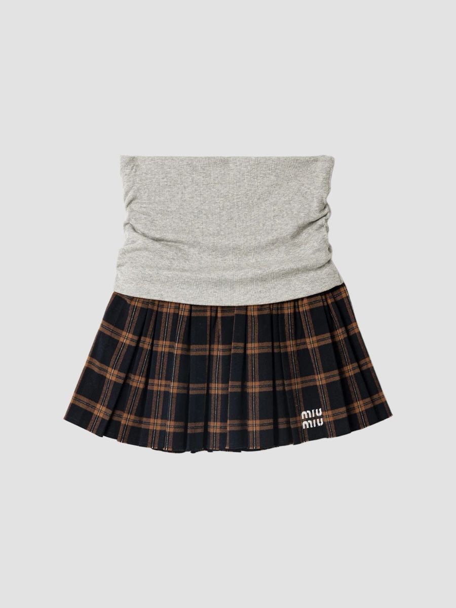 Miu Miu Women's Ribbed Knit and Checked Flannel Skirt - Grey - Size 4