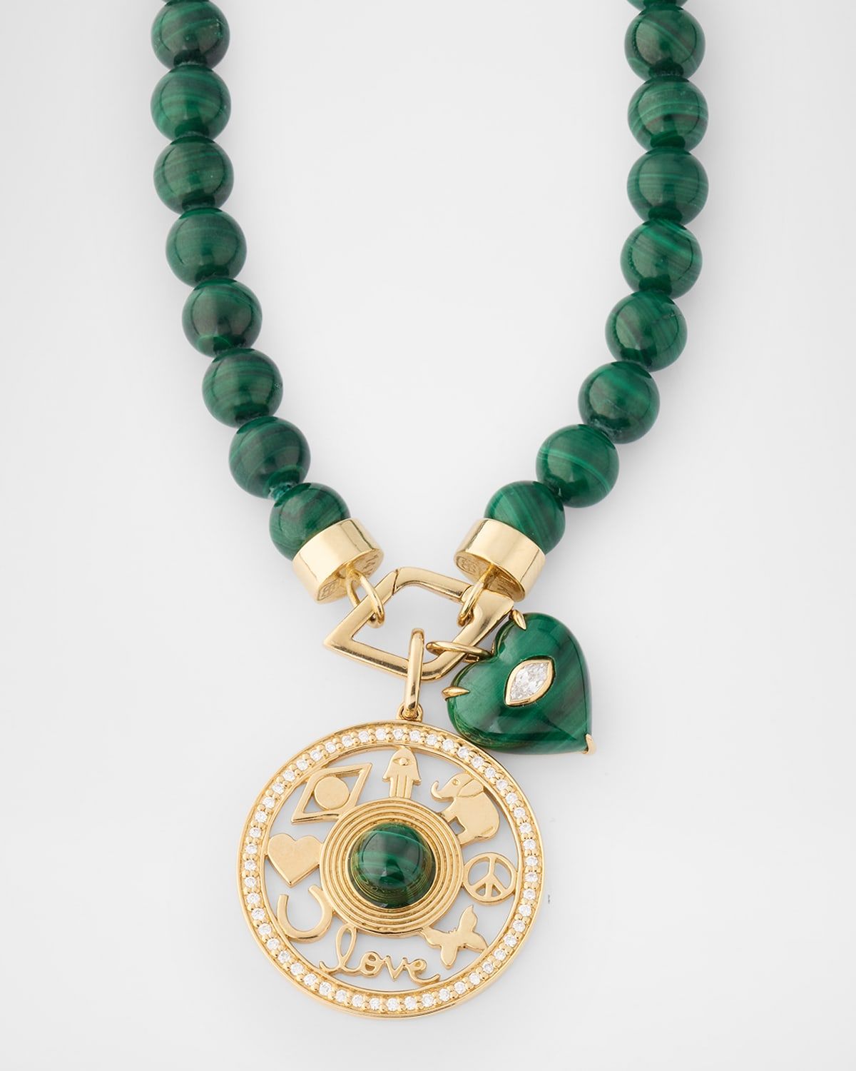 Malachite Open Icon and Carved Heart Necklace