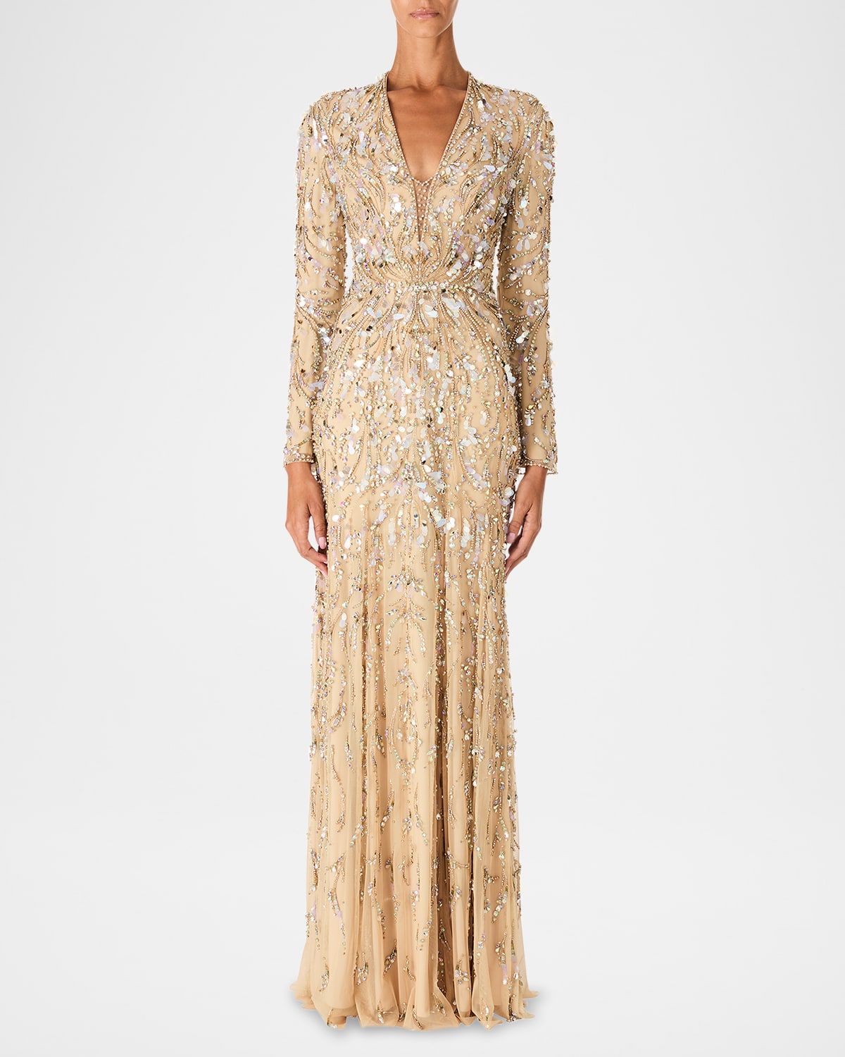 Kaia Embellished Long-Sleeve Plunging Illusion Gown