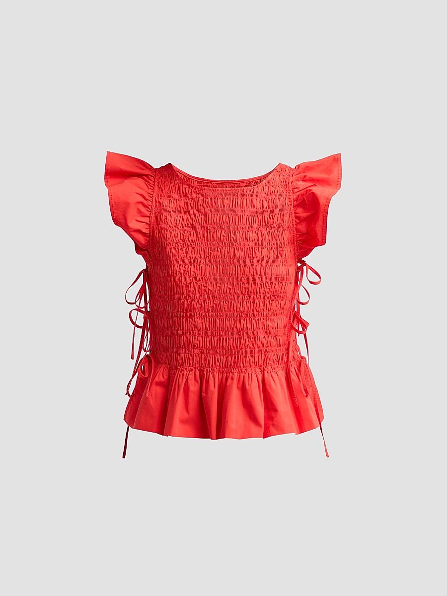 Women's Stretch-Cotton Angel-Sleeve Smocked Top - Goji Berry - Size 0