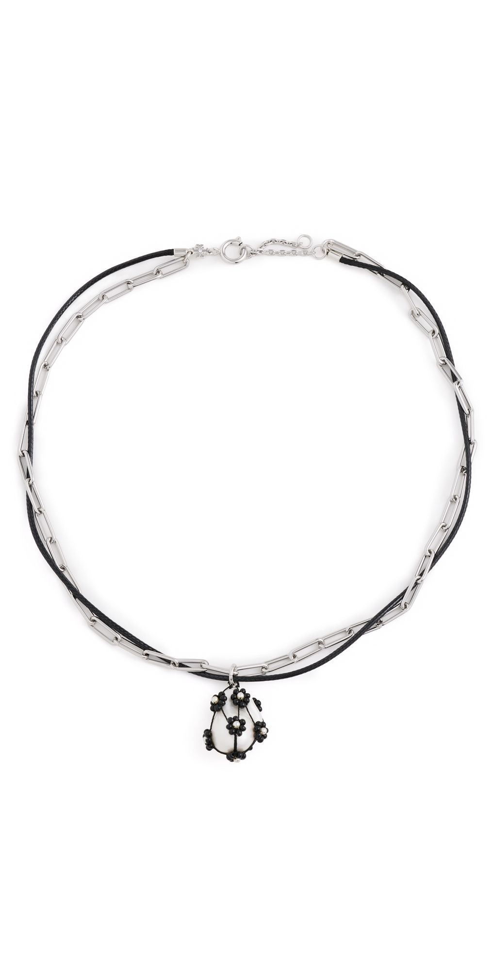 Tory Burch Double Strand Pearl Pendant Necklace Tory Silver/Black One Size