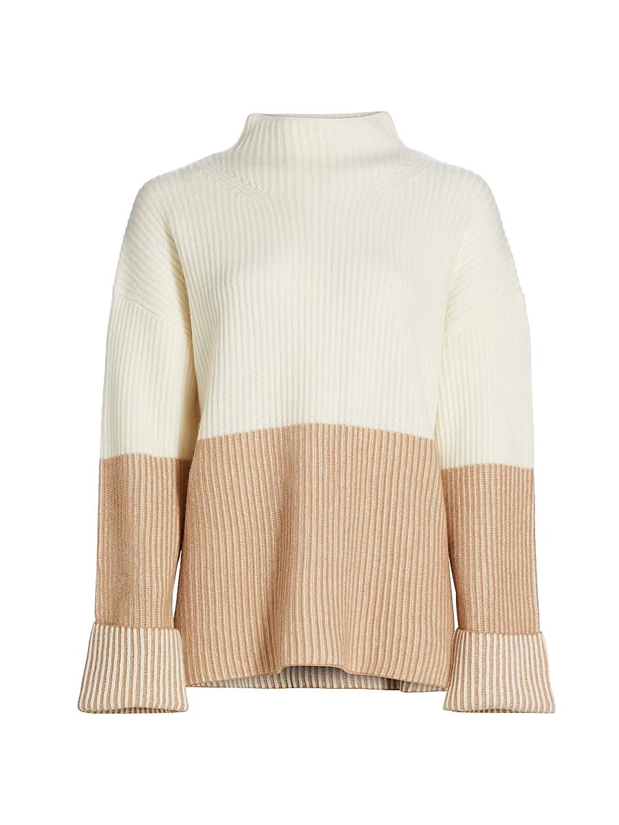 Women's COLLECTION Cashmere Funnel-Neck Twisted Rib-Knit Sweater - Frost White Tender Camel - Size XL